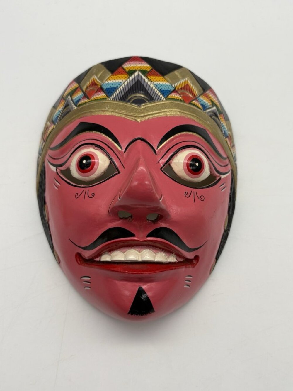 Indonesian mask Wayang Topeng Carved 3D Mask. Pink Gold Black 6” X 5”